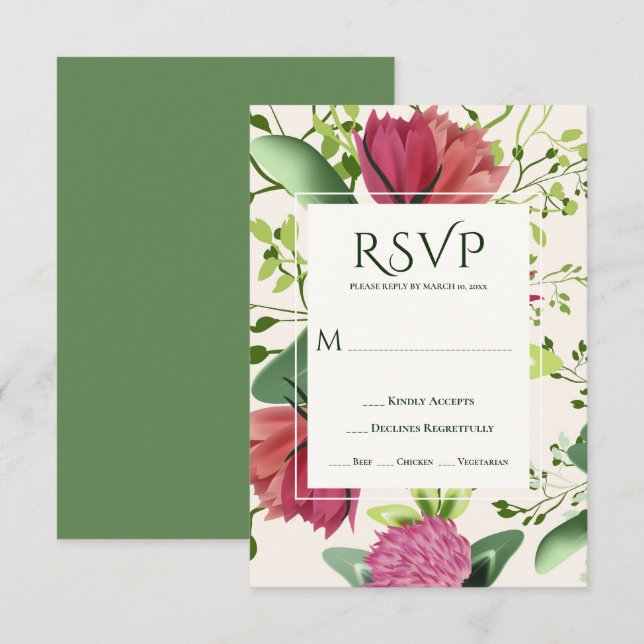 Pink & Red Clover Blumengrün Hochzeit RSVP Karte (Vorne/Hinten)