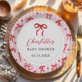 Pink Red Coquette Bow Valentine Baby Shower Pappteller