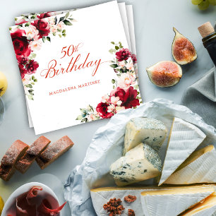 Pink Red Floral 50. Geburtstag Custom Cocktail Serviette