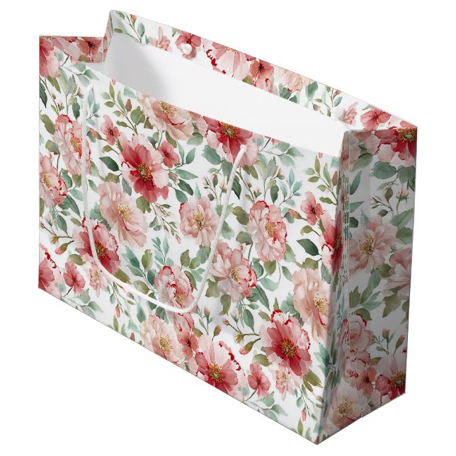 Pink Red Floral Bridal Shower Große Geschenktüte (Vorderseite Schrägansicht)