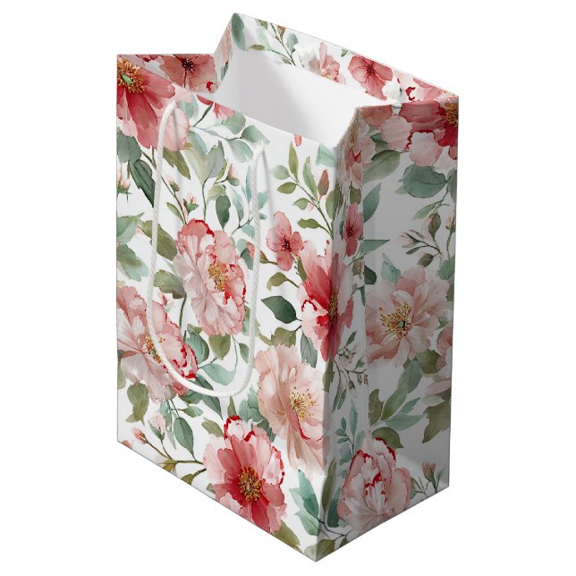 Pink Red Floral Bridal Shower Mittlere Geschenktüte (Vorderseite Schrägansicht)