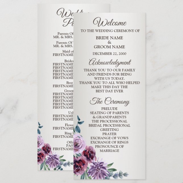 Pink Red Floral Geometric Watercolor Wedding Programm (Vorne/Hinten)