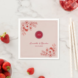 Pink Red Floral Monogram Wedding Serviette