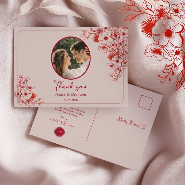 Pink Red Floral Wedding Thank You Postkarte (Von Creator hochgeladen)
