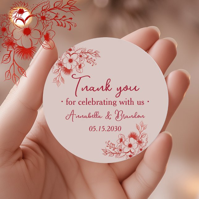 Pink Red Floral Wedding Thank You Runder Aufkleber (Von Creator hochgeladen)