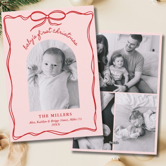Pink & Red Grandmillennial Baby's 1. Weihnachten (Pink & Red Grandmillennial Baby's 1st Christmas Holiday Card)