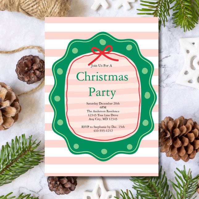 Pink Red Green Coquette Bow Stripe Christmas Party Einladung (Pink Stripe Red Green Coquette Bow Doodle Christmas Holiday Invitation, Printed or Digital)