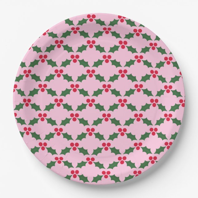Pink Red Green Holly Weihnachten Pappteller (Vorderseite)
