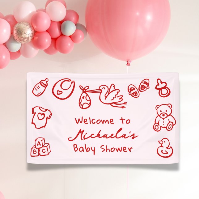 Pink & Red Hand Drawn Doodle Bow Girl Babydusche Banner (Von Creator hochgeladen)