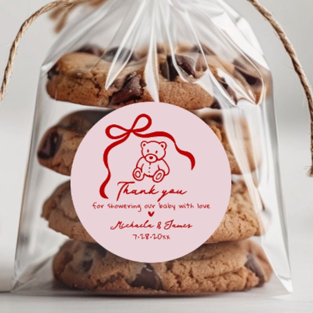 Pink & Red Hand Drawn Doodle Bow Girl Babydusche Runder Aufkleber (Von Creator hochgeladen)