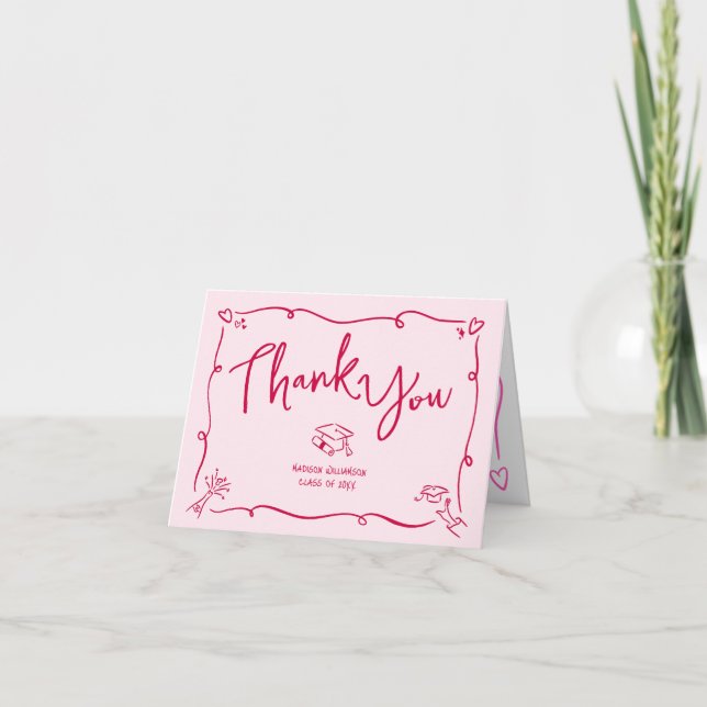 Pink Red Hand Drawn Doodle Style Graduation Quirky Dankeskarte (Vorderseite)