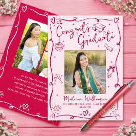 Pink Red Hand Drawn Doodles Graduation 4 Photo Fun Ankündigung