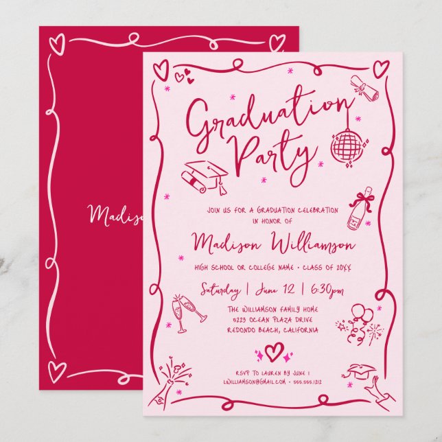 Pink Red Hand Drawn Doodles Graduation Retro Party Einladung (Vorne/Hinten)