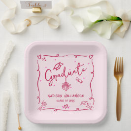 Pink Red Hand Drawn Doodles Style Graduation Retro Pappteller