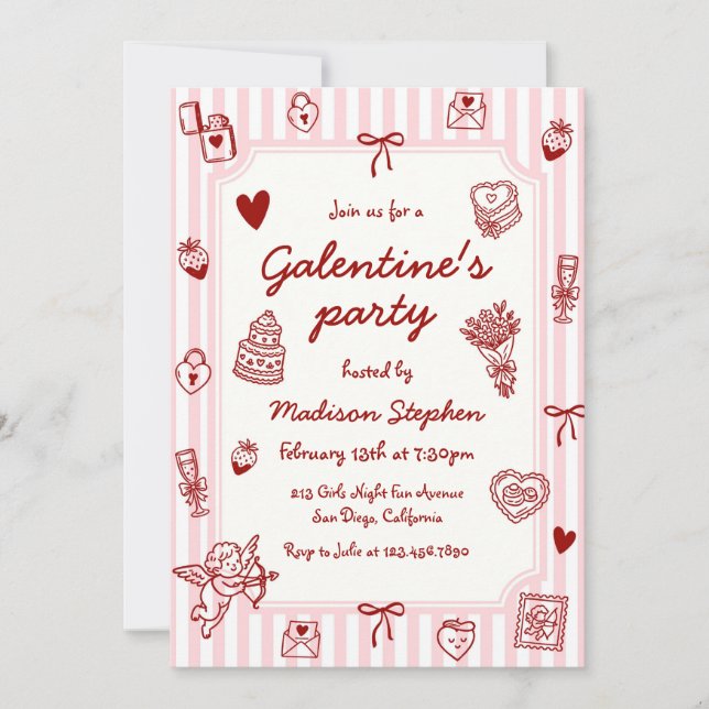  Pink Red Hand Drawn Galentine's Party Einladung (Vorderseite)