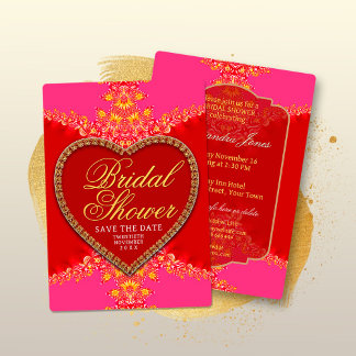 Pink Red Heart Gold Lace Girls Party Bridal Shower Einladung