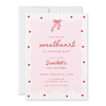 Pink Red Heart Little Sweetheart Birthday Invite