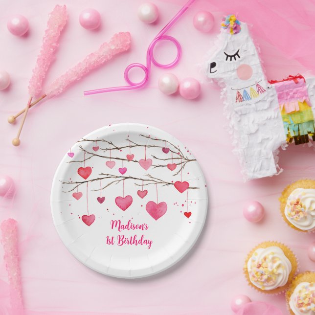 Pink Red Hearts Sweetheart Birthday Pappteller (Party)