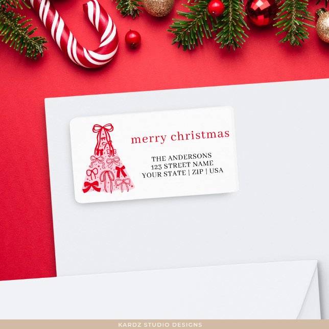 Pink Red Merry Christmas Tree Bow Holiday Adressaufkleber (Von Creator hochgeladen)