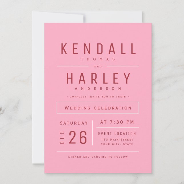 Pink Red Modern Simple Typografy Foto Wedding Einladung (Vorderseite)