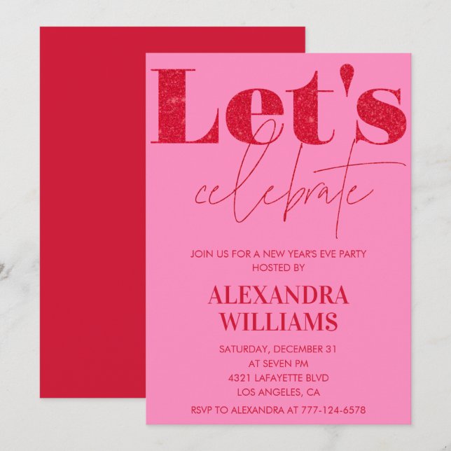 Pink Red Nouvel An invitation Fêtons la fête (Devant / Derrière)