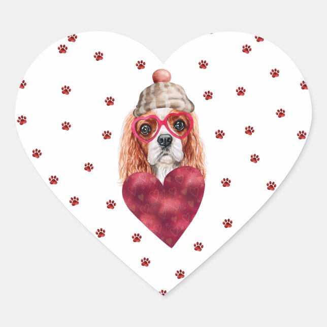 Pink Red Paws Cavalier Spaniel Dog Valentine Herz-Aufkleber (Vorderseite)