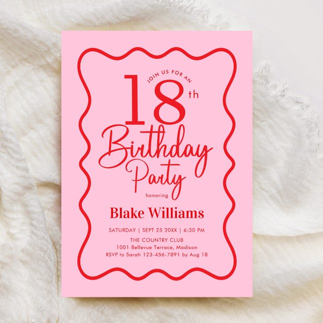Pink Red Retro 18th Birthday Wavy Border Einladung (Von Creator hochgeladen)