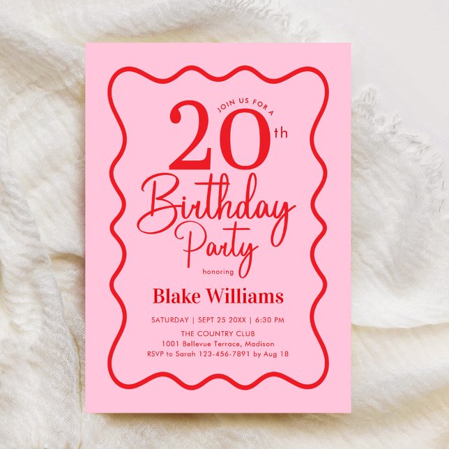 Pink Red Retro 20th Birthday Wavy Border Einladung (Von Creator hochgeladen)