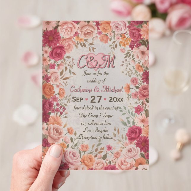 Pink & Red Romantic Rose Spring Floral Wedding Acryleinladungen (Front view of pink and red romantic rose floral victorian vintage spring garden wedding invitation)