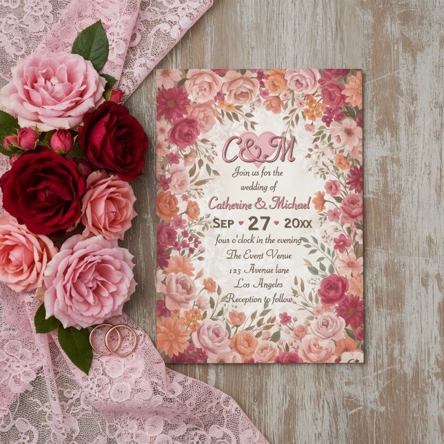 Pink & Red Romantic Rose Spring Floral Wedding Einladung (Von Creator hochgeladen)