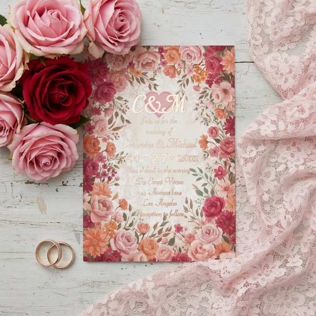 Pink & Red Romantic Rose Spring Floral Wedding Folieneinladung (Flat lay pink red watercolor floral vintage spring garden romantic wedding foil invitation)