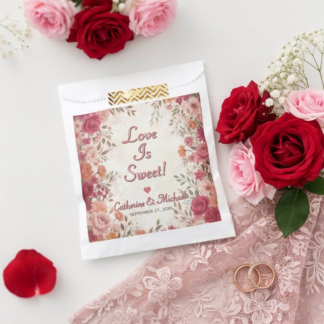 Pink & Red Romantic Rose Spring Wedding  Geschenktütchen (Flat lay pink red floral spring vintage wedding 'love is sweet' favor bag )