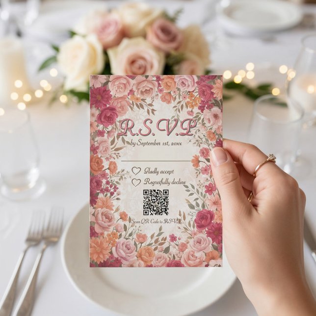Pink & Red Romantic Spring Floral QR Code Wedding RSVP Karte (Close up pink red watercolor floral vintage spring garden romantic qr wedding QR Code RSVP)