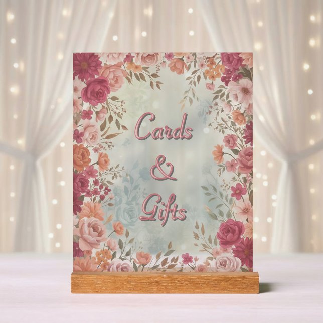 Pink & Red Romantic Spring Floral Wedding Acrylschild (Front view pink red watercolor floral vintage spring garden wedding cards and gifts table sign )