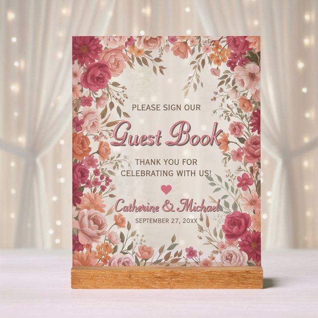 Pink & Red Romantic Spring Wedding Guestbook Acrylschild (Front view pink red watercolor floral vintage spring garden wedding guest book welcome sign decor)