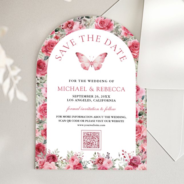 Pink Red Roses Butterfly Wedding Save the Date Acryleinladungen (Von Creator hochgeladen)