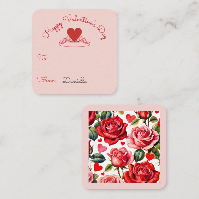 Pink & Red Roses Heart Crown Classroom Valentine Begleitkarte (Vorne/Hinten)