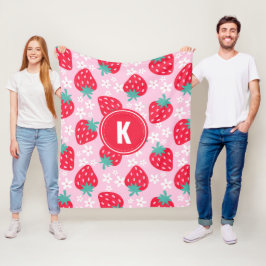 Pink Red Strawberries Floral  Pattern Monogram Fleecedecke