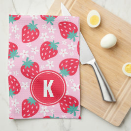 Pink Red Strawberries Floral  Pattern Monogram Geschirrtuch