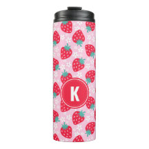 Pink Red Strawberries Floral  Pattern Monogram