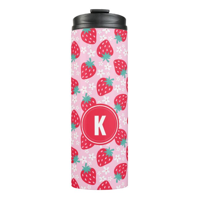 Pink Red Strawberries Floral  Pattern Monogram Thermosbecher (Vorderseite)