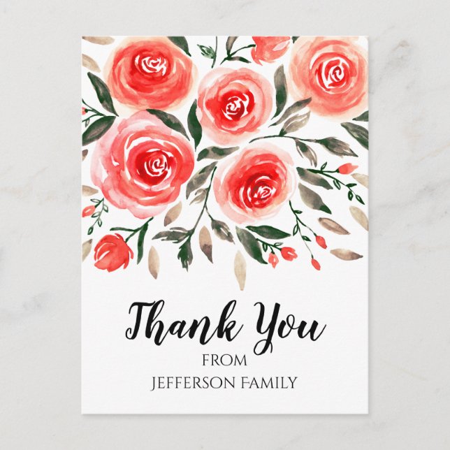Pink Red Watercolor Floral Rose Danke Postkarte (Vorderseite)