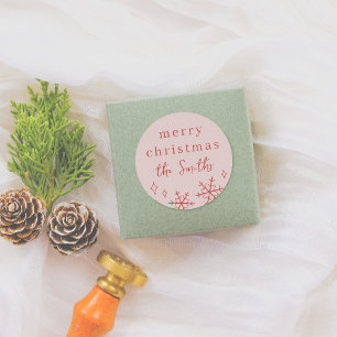 Pink & Red Whimsical Weihnachtsschneeflocken Famil Runder Aufkleber