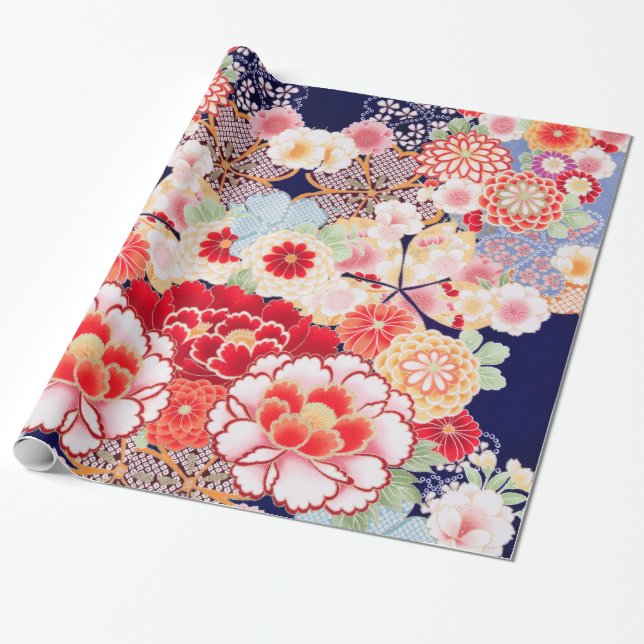 PINK RED WHITE BLUME Peony, Rose Japanisches Blume Geschenkpapier (Ungerollt)