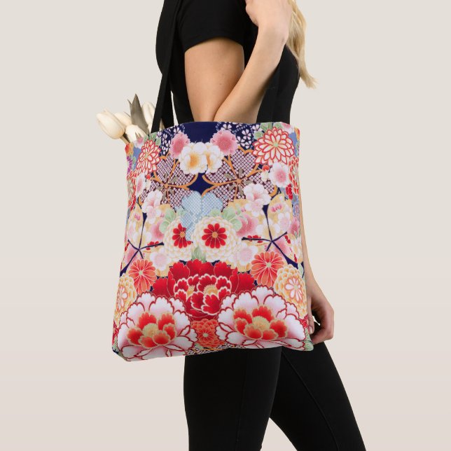 PINK RED WHITE BLUME Peony, Rose Japanisches Blume Tasche (Von Nahem)