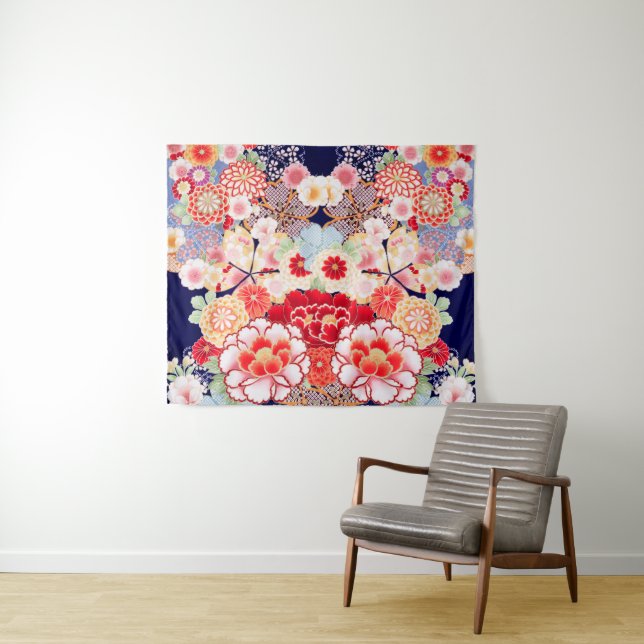 PINK RED WHITE BLUME Peony, Rose Japanisches Blume Wandteppich (Beispiel (Horizontal))