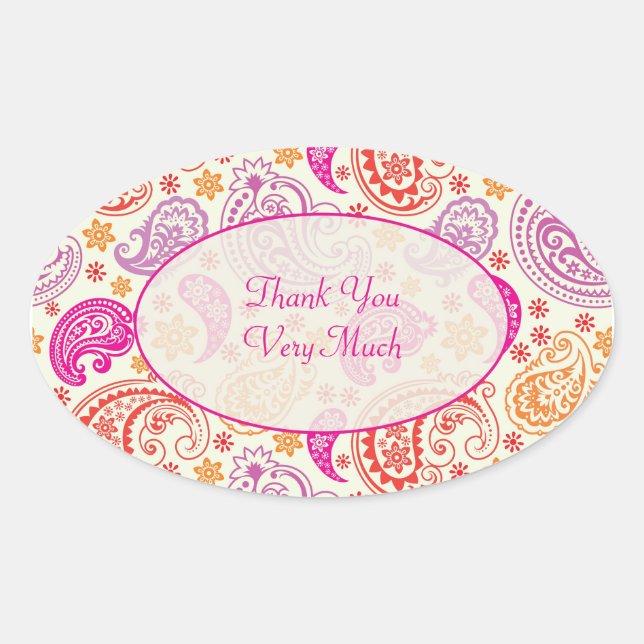 Pink Red & Yellow Paisley Design Ovaler Aufkleber (Vorderseite)