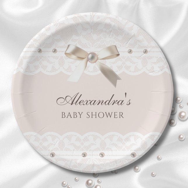Pink Regency Pearl Satin Bow Lace Baby Dusche Pappteller (Von Creator hochgeladen)