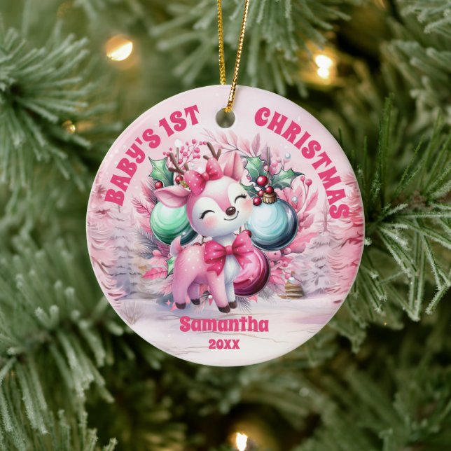 Pink Reindeer Baby 1. Weihnachtsgeschenk Foto Orna Keramik Ornament (Baum)
