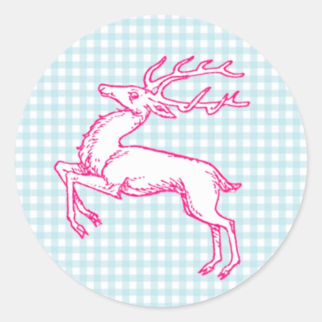 Pink Reindeer Blue Gingham Runder Aufkleber (Vorderseite)